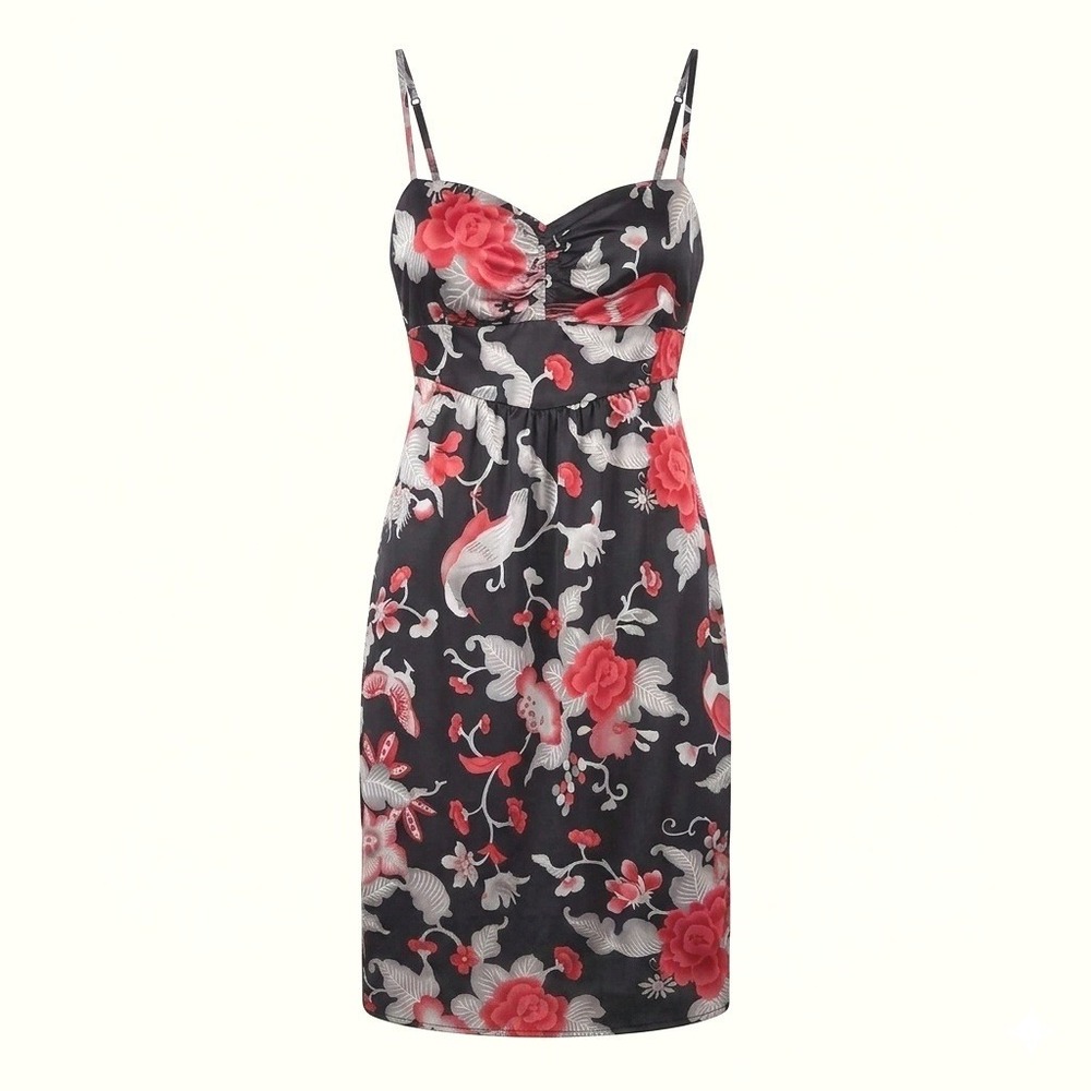Y2K Arden B Silk Satin Floral Strappy Midi Pencil Slip Dress Black Red Gray M